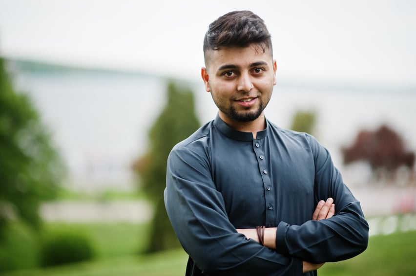 Ð¡onfident pakistani indian muslim arabic boy in grey kameez sha